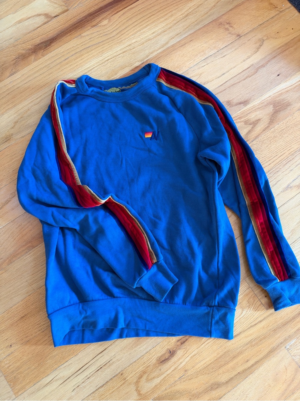Aviator Nation Blue Crewneck with Red and yellow velvet Stripe Sleeves NWOT